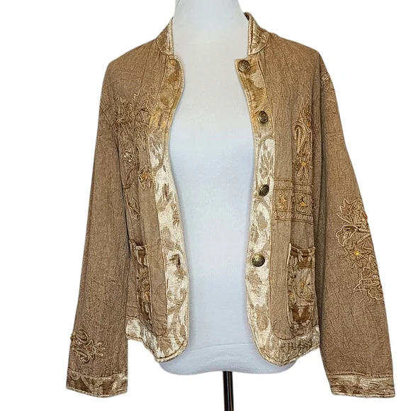 FLASHBACK Jacket Brown/Gold Embroidery Rhinestones Buttons Pockets Size Large